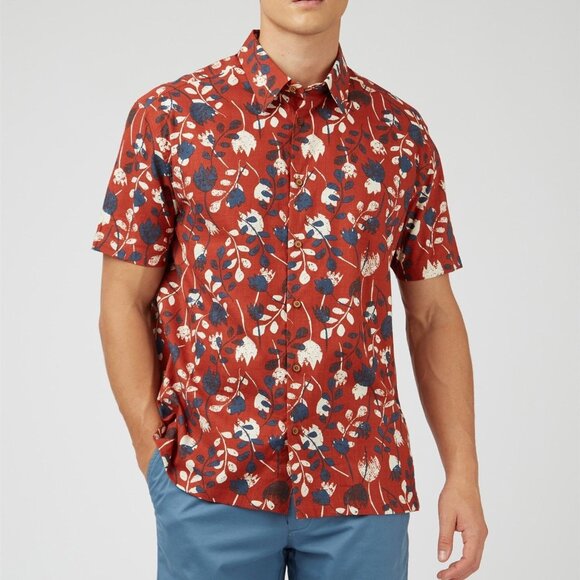 NWT Ben Sherman Mens Sz M Cinnamon Stencil Floral Print Shirt Button Down Cotton - Picture 1 of 8